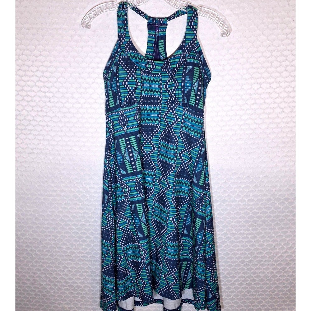 PrAna Quinn Dress Small Blue Green Geometric Racerback Built-in Bra Activewear